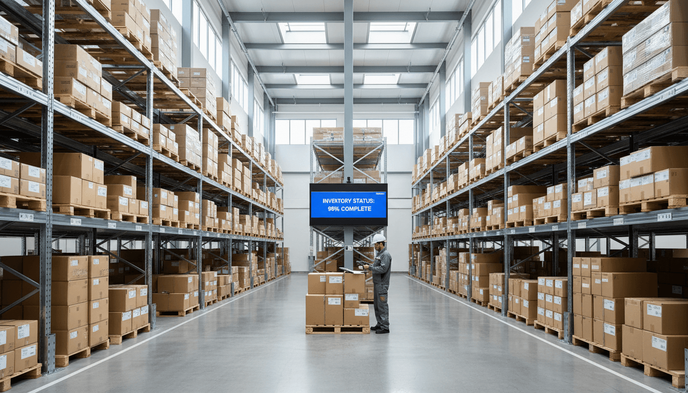 Worker with clipboard standing in a modern warehouse with tall shelves full of boxes