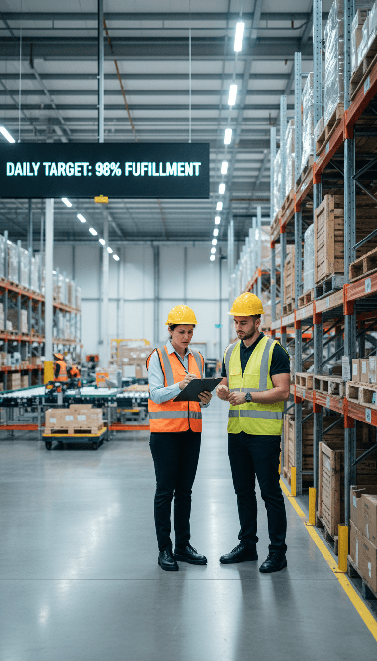 Warehouse supervisor reviewing inventory on a clipboard alongside a worker in a modern distribution center