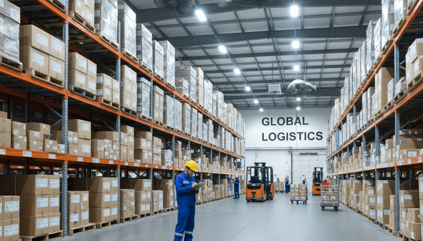 Inside a fulfillment warehouse, a worker in a safety vest walks down an aisle of tall shelves stacked with boxes